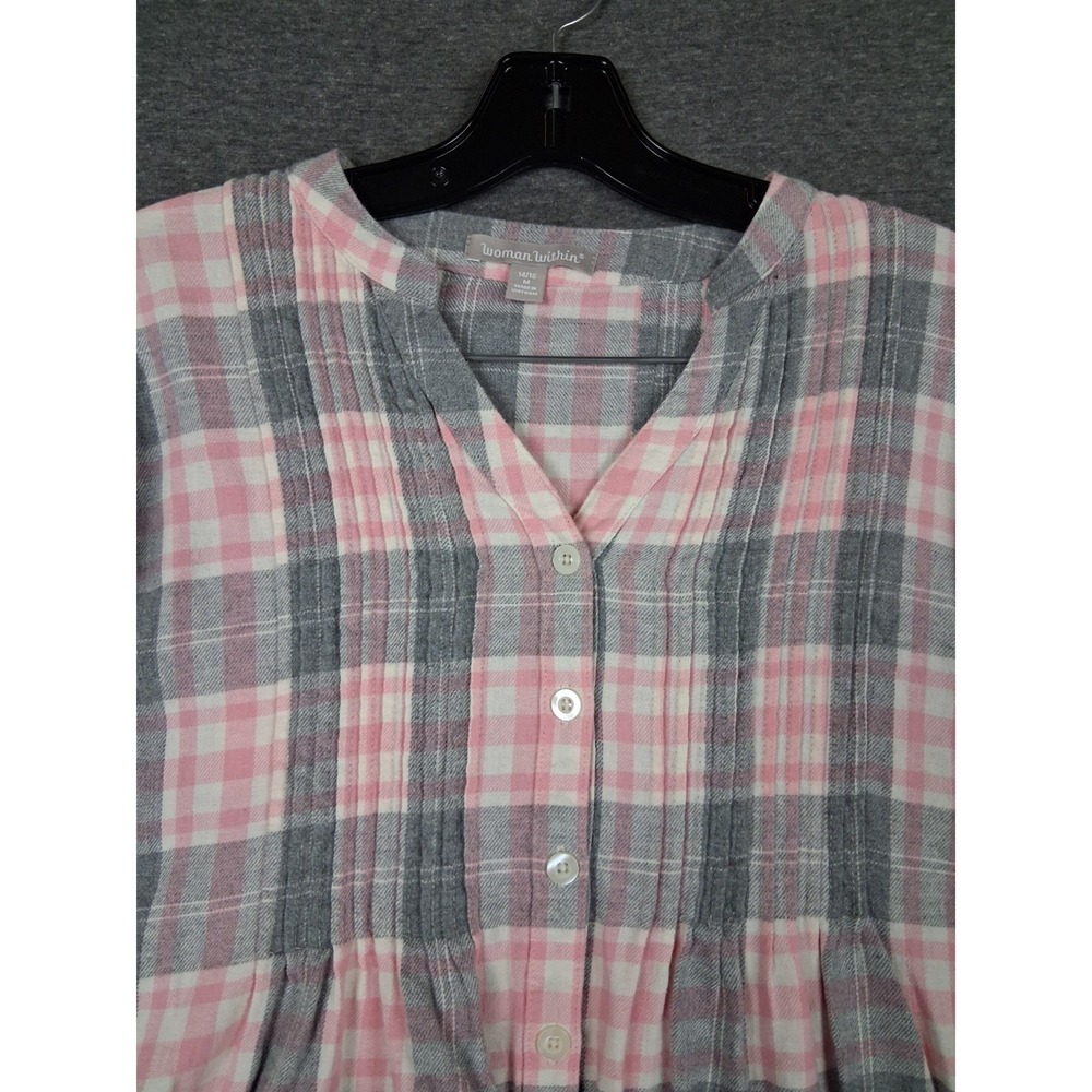 Woman Within 14/16 M Gray Pink Plaid Flannel Pintucked Soft Grunge Rustic Fall